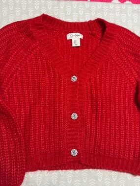 Jessica Simpson Bright Red Cropped Knit Cardigan with Crystal Buttons